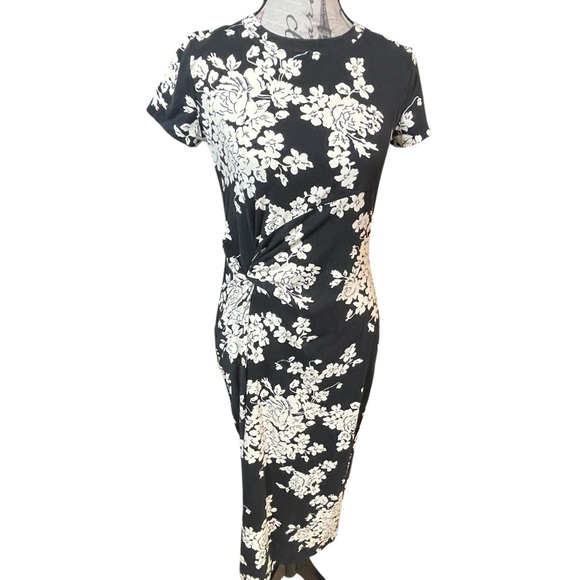 Lauren Ralph Lauren Black & White Floral Twist-Front Midi Dress (Size S) - Picture 2 of 8